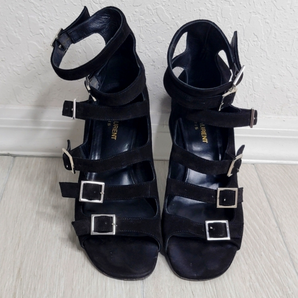 SAINT LAURENT Suede Babies Buckle Sandals In Black 37/7. - Picture 7 of 14